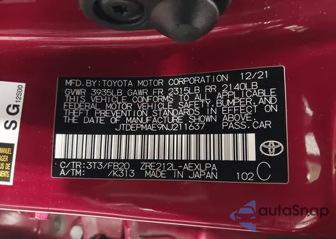 2022 Toyota Corolla Le from USA, damaged, VIN JTDEPMAE9NJ211637